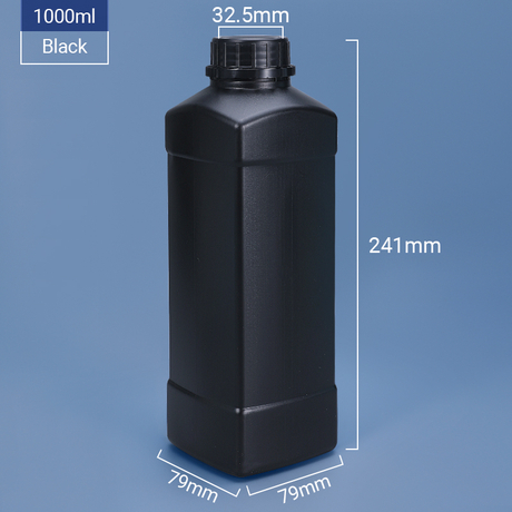 1000 мл 1 л. Квадратная пластиковая бутылка HDPE с явной винтной крышкой- черная