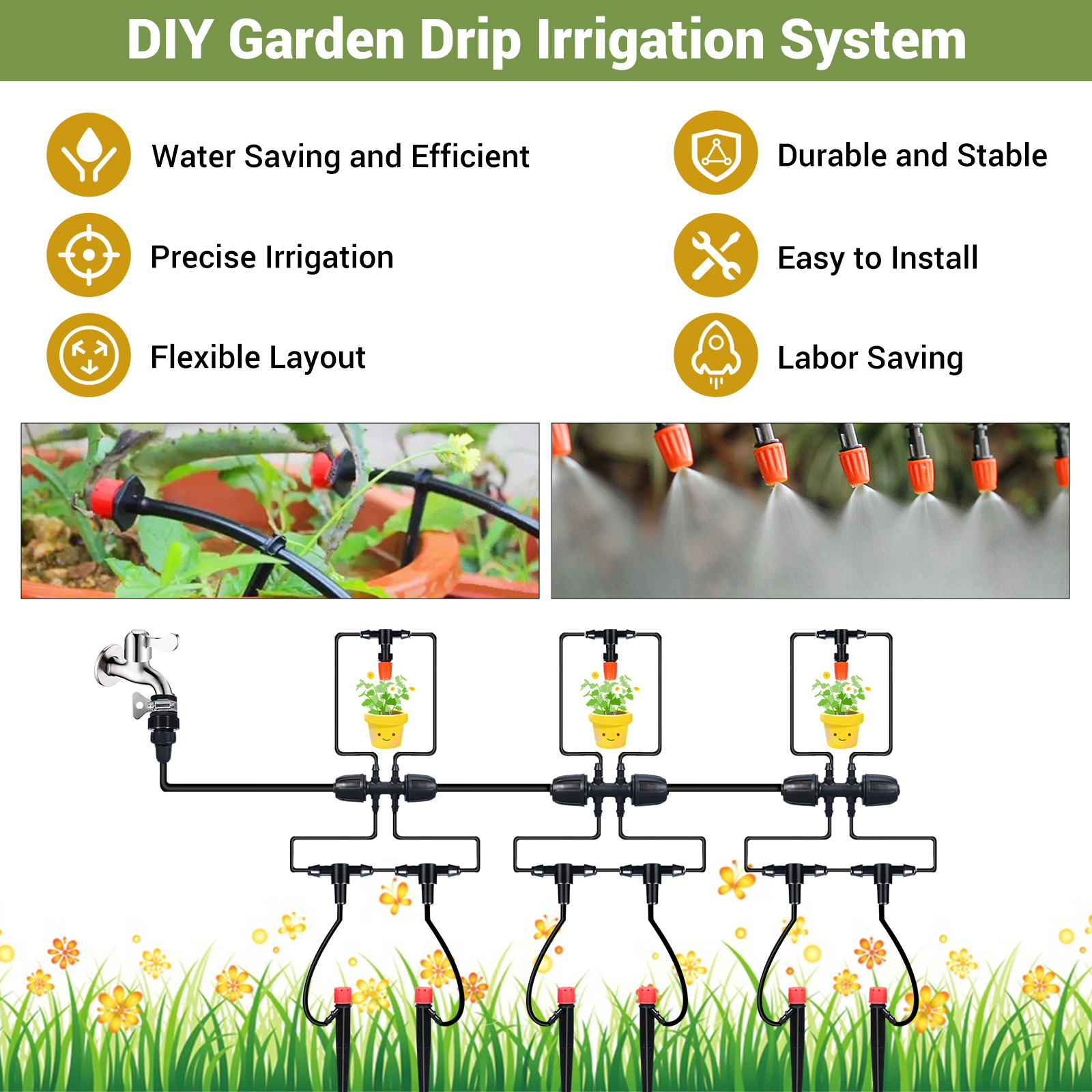 Система капельной ирригации для сада, системы водопроводной системы растений парниковые спринклерные аксессуары, 226 -футовый набор для капельницы с 1/4 1/2 дюйма для труб для открытых растений, приподнятый садовый кровать, двор горшок, газон
