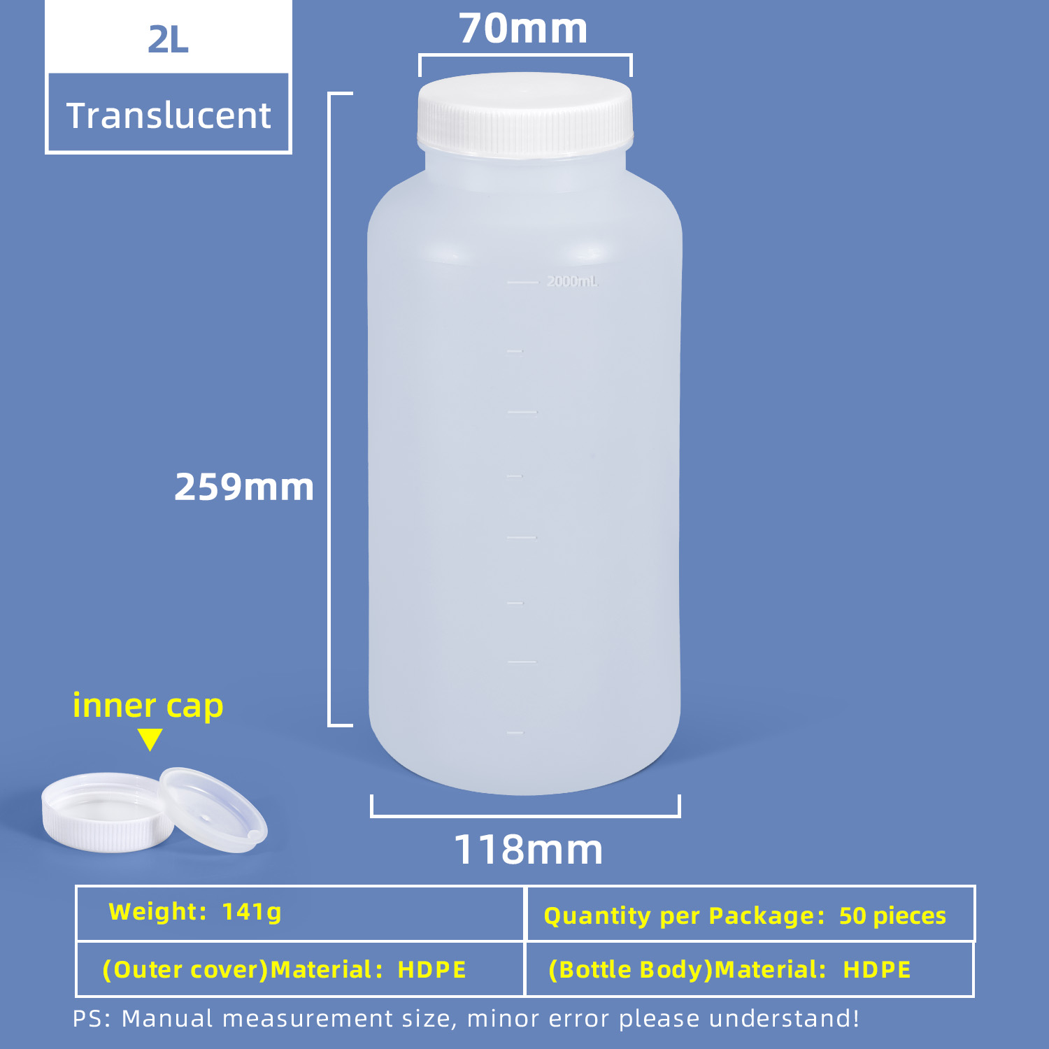 Пластиковая бутылка HDPE 2 л с широким горлышком и герметичной внутренней крышкой для использования в химической лаборатории